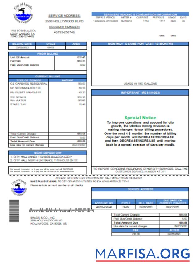 Downloadable City of Laredo Utilities Department water utility business bill, SCR download for verification